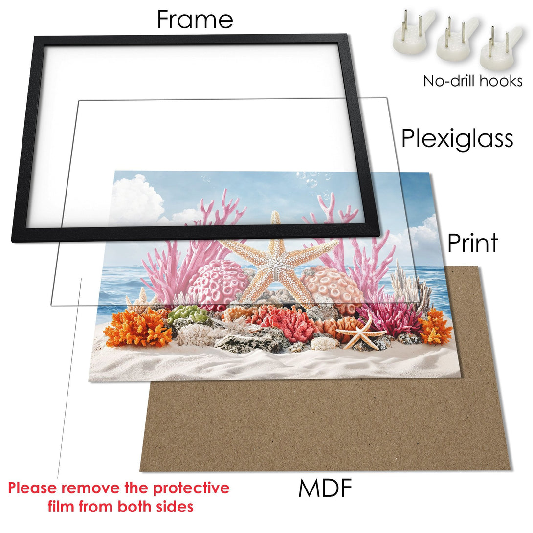 Framed Poster featuring a vibrant coral reef scene in blue, pink, and orange hues. Perfect wall art for a coastal vibe!