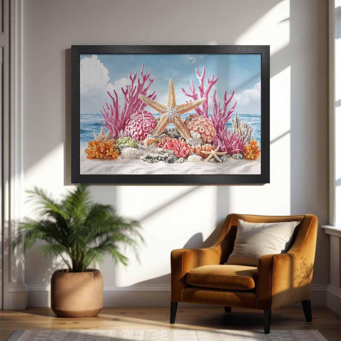 Framed Poster featuring a vibrant coral reef scene in a coastal style with pink, orange, and blue hues. Perfect wall art!
