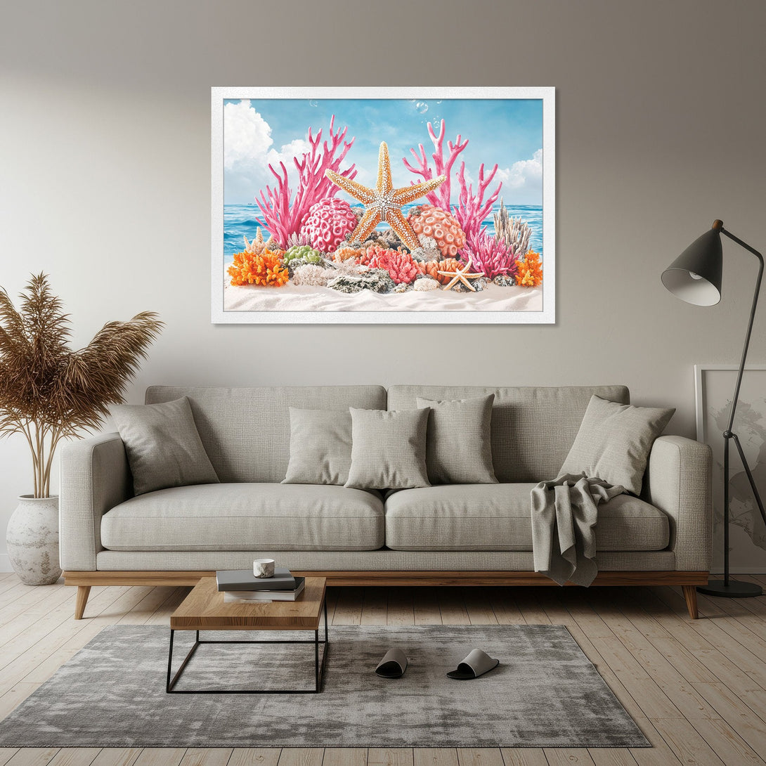 Framed Poster featuring a vibrant coral reef scene with starfish, in a watercolor style with pinks, oranges, and blues. Perfect coastal decor!