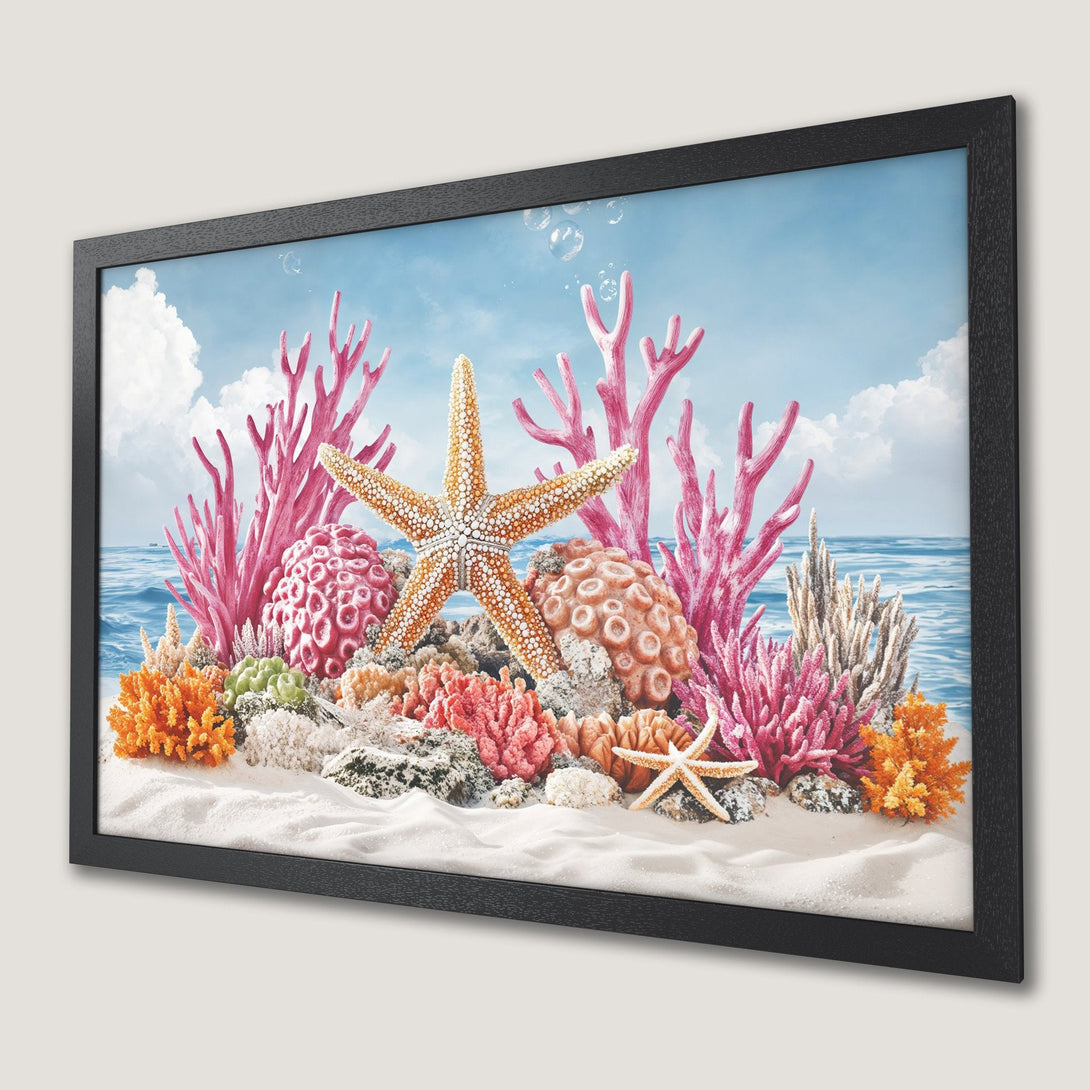 Framed Poster featuring vibrant coral reef scene with starfish, sea, and sky. A beautiful piece of art in a colorful palette.