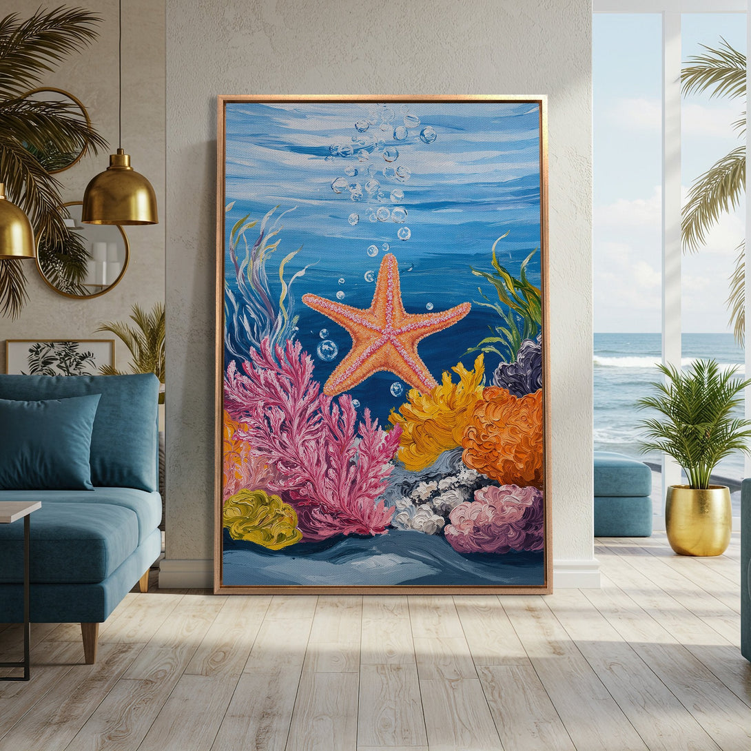 Framed Wall Art: Vibrant ocean-themed painting with a starfish and coral in a coastal interior, featuring a blue, orange, and pink color palette.
