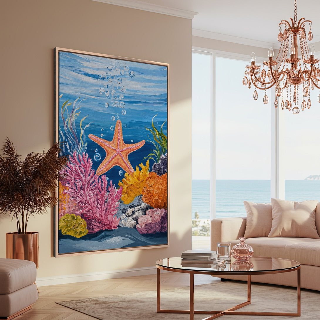 Framed Wall Art: Vibrant underwater scene Canvas Print with starfish, coral, and bubbles. Coastal decor in blue, pink, and orange hues. Bring the ocean home!