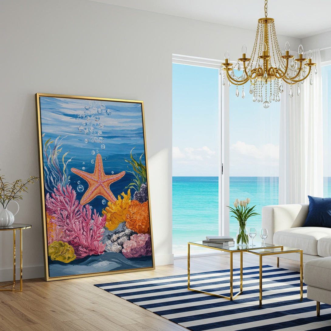 Canvas Print of a vibrant underwater scene with a starfish. Features a blue, coral, and orange color palette. Perfect coastal wall art.