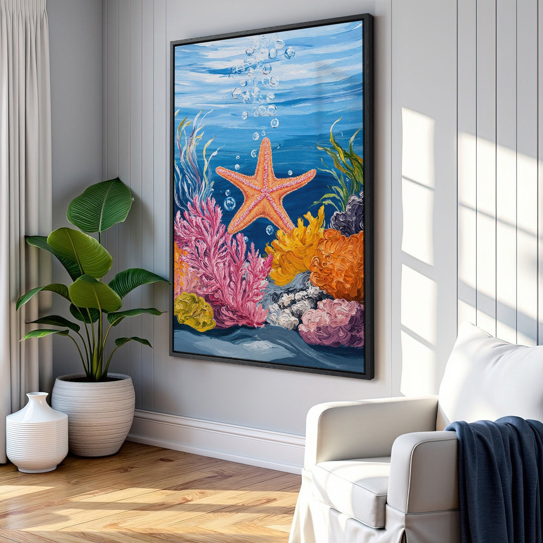 Framed Wall Art: Colorful starfish painting in a coastal style. Vibrant blue, orange, and pink palette. Perfect for adding a touch of the ocean to your home decor.