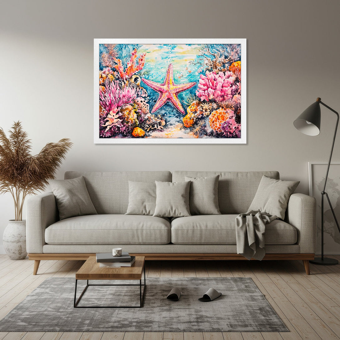 Framed Poster featuring a vibrant watercolor starfish and coral reef scene. Bright pinks, oranges, and blues create a stunning ocean-inspired art piece.