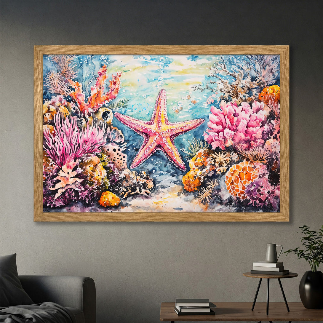 Framed Poster featuring a vibrant watercolor starfish and coral reef. Artistic style with a colorful palette of pinks, blues, and oranges. Perfect wall art!