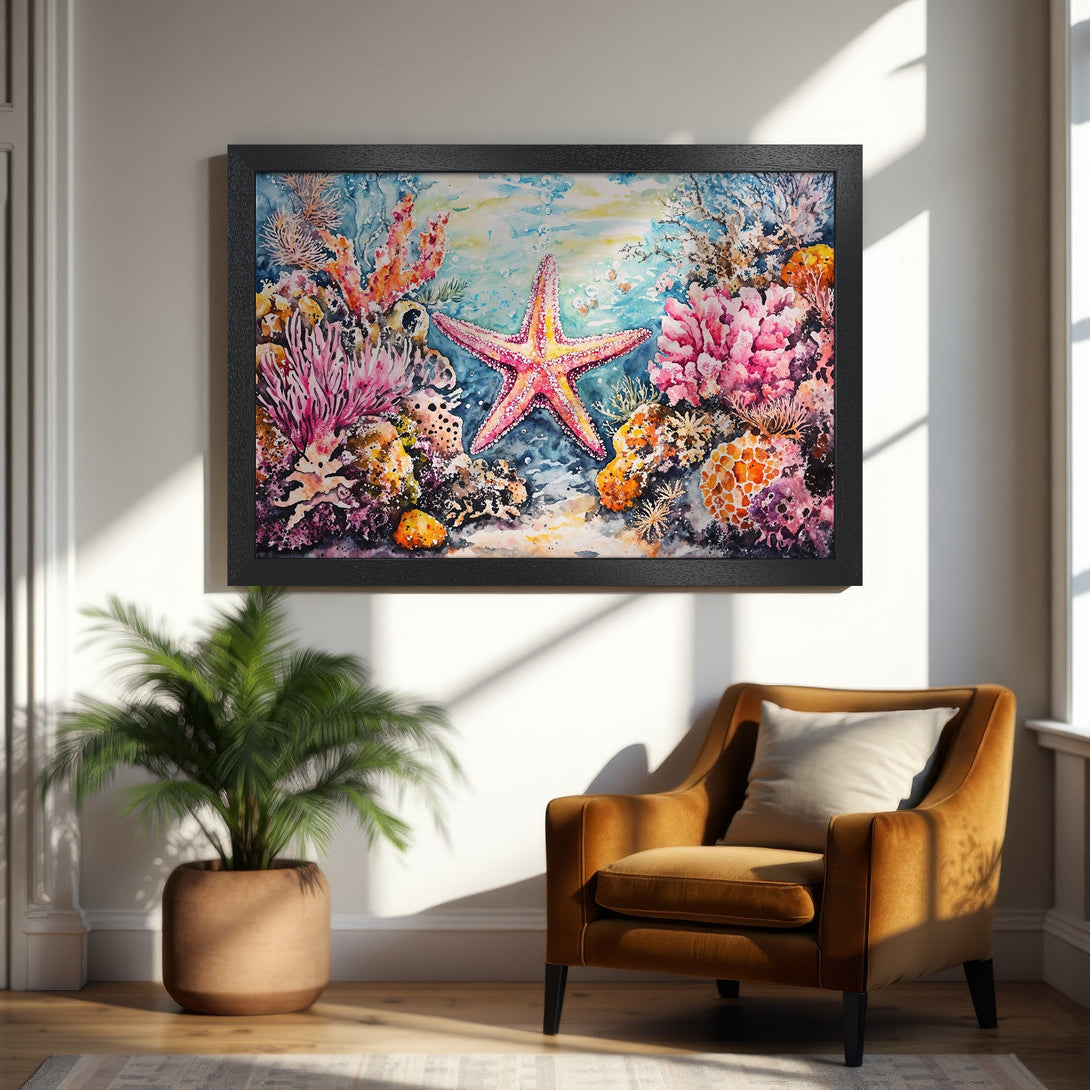 Framed Poster featuring a vibrant watercolor starfish and coral reef scene. Stunning artwork in a colorful palette of pinks, blues, and oranges.