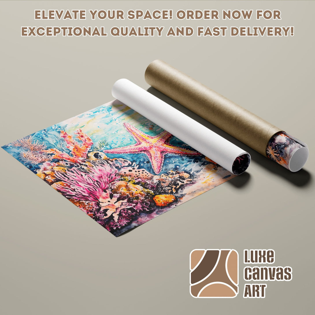 Watercolor Poster Roll featuring a vibrant coral reef scene in blue, pink, and orange hues.