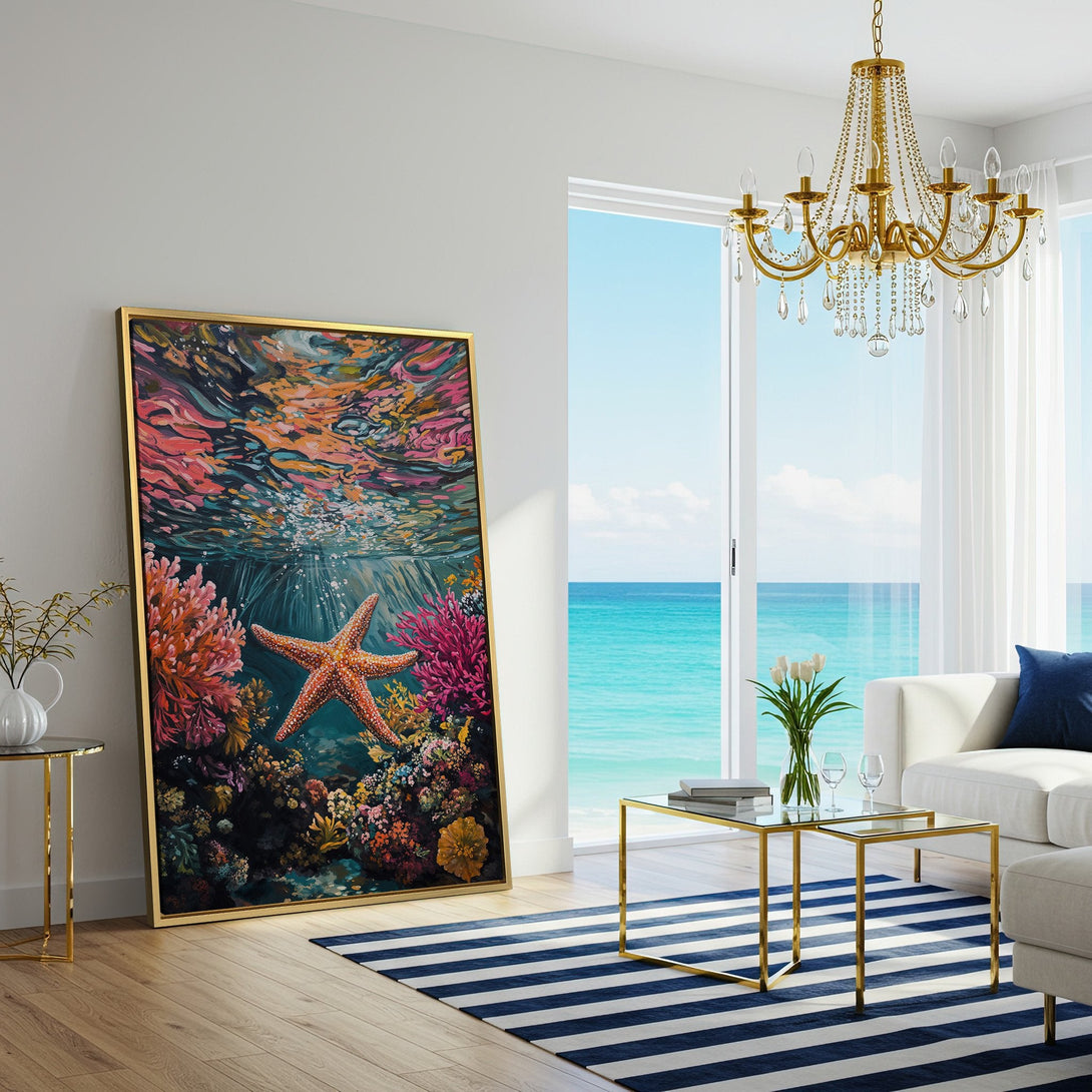 Canvas Print of a vibrant underwater scene with a starfish, featuring coral and a colorful palette. Perfect wall art for coastal decor.