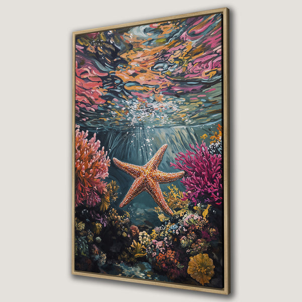Framed Wall Art Canvas Print featuring a vibrant underwater scene with a starfish, coral, and a colorful palette of pinks, oranges, and blues.