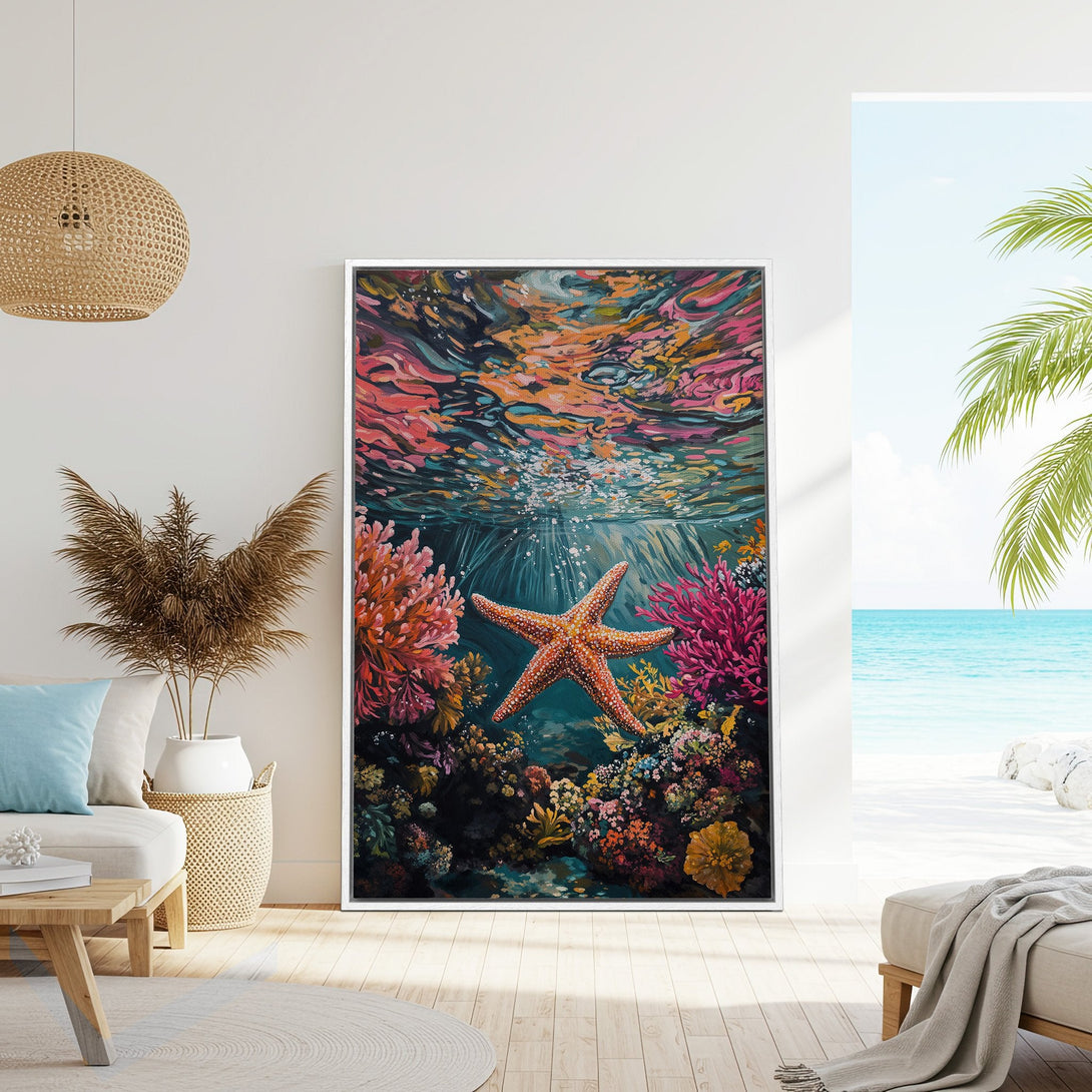 Framed Wall Art Canvas Print featuring a vibrant underwater scene with a starfish, coral, and a colorful palette of blues, pinks, and oranges. Perfect coastal decor!
