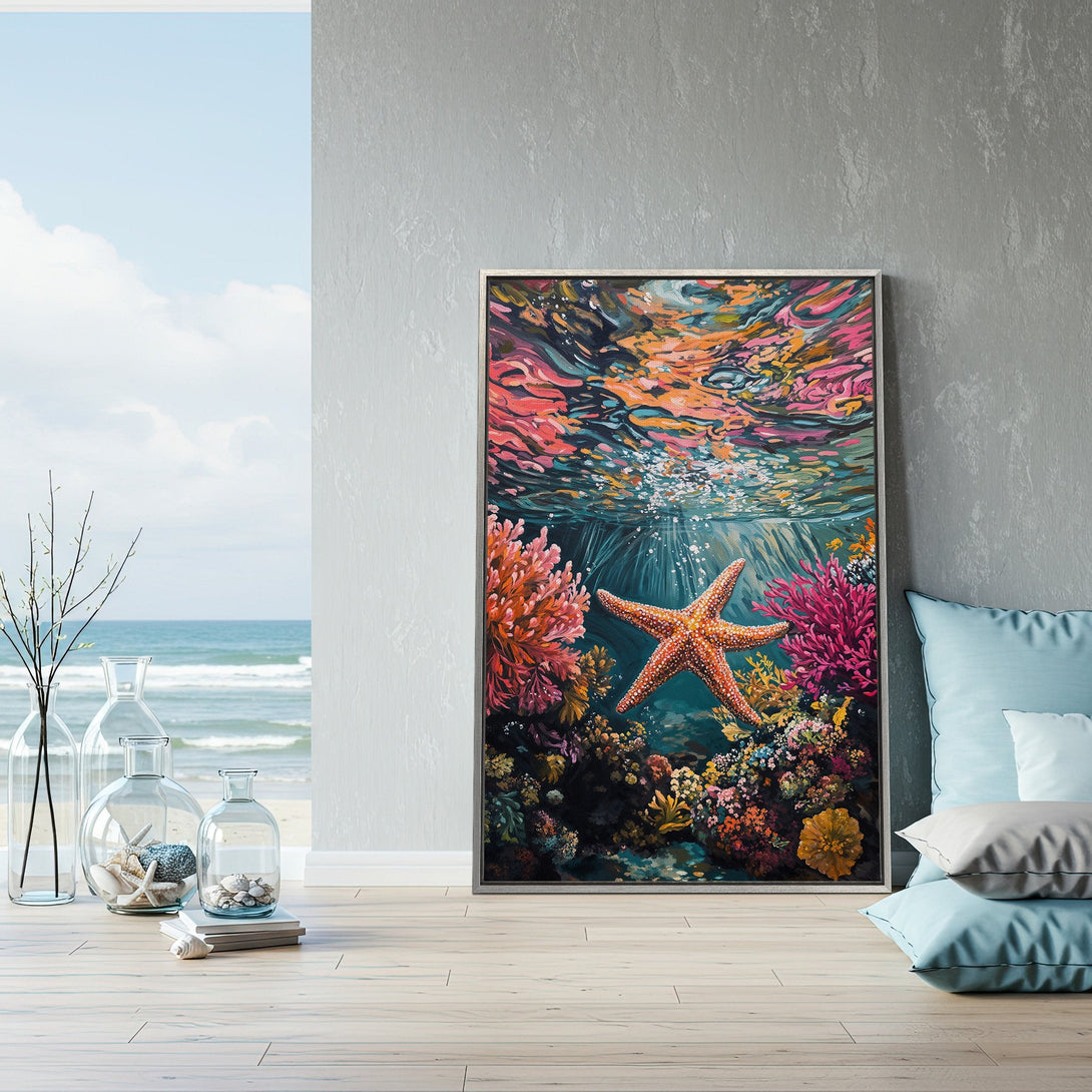 Framed Wall Art featuring a vibrant underwater scene with a starfish, coral, and colorful palette. Perfect coastal decor for your home!