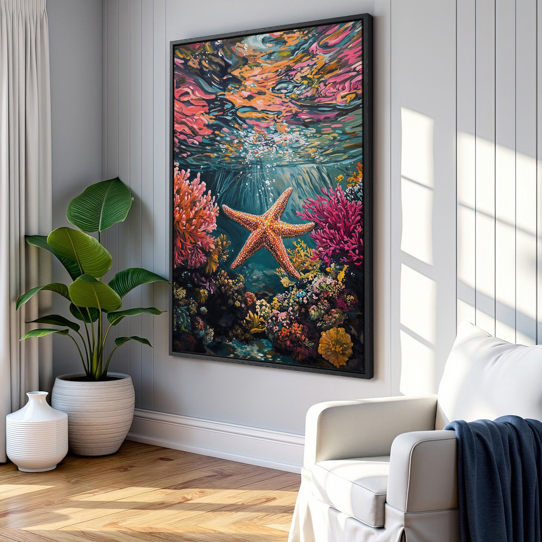 Framed Wall Art: Vibrant starfish & coral reef painting. Coastal art with a colorful palette of blues, pinks, and oranges. Perfect for beach-themed decor.