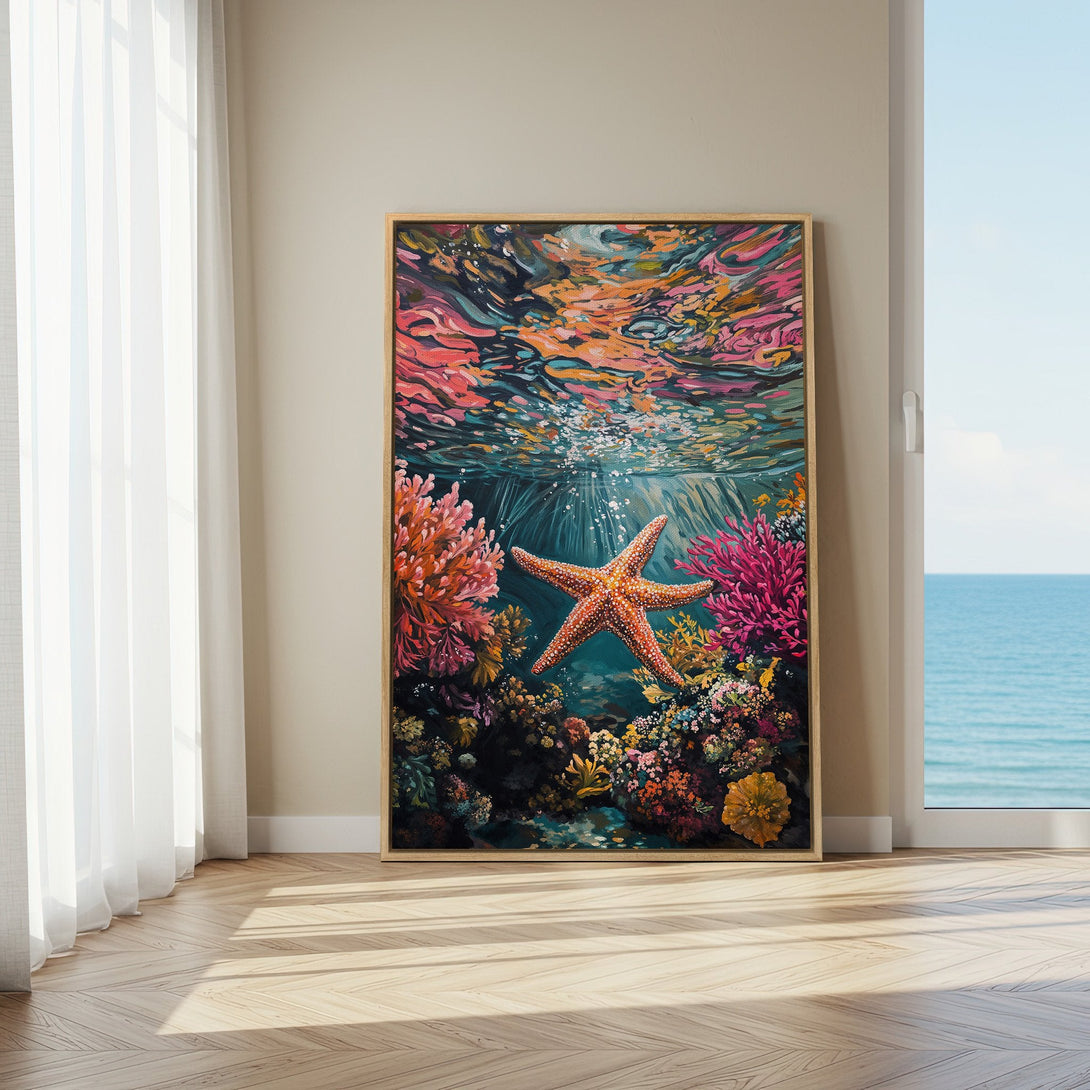 Framed Wall Art: Vibrant underwater scene Canvas Print featuring a starfish & coral reef. Stunning artwork with a colorful palette of blues, pinks, & oranges.