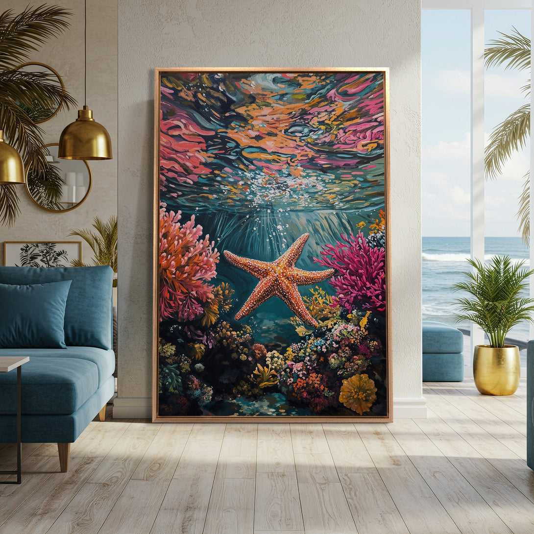 Framed Wall Art: Vibrant starfish underwater scene in a modern interior. Colorful coral reef art with a warm, inviting color palette. Perfect coastal decor.