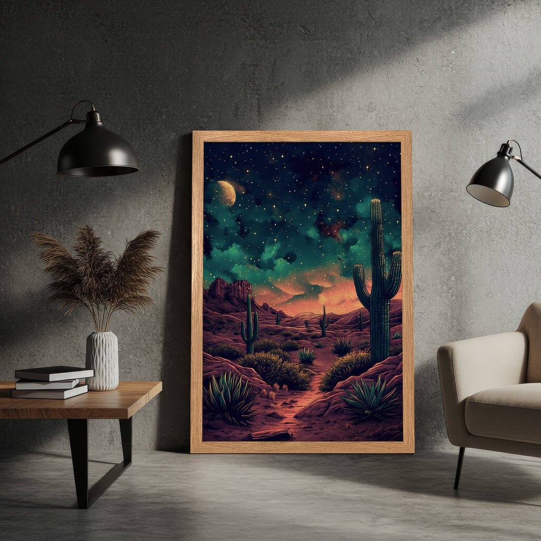 Framed Poster featuring a desert landscape with cacti under a starry night sky. Vibrant colors and a captivating art style. Perfect wall art!