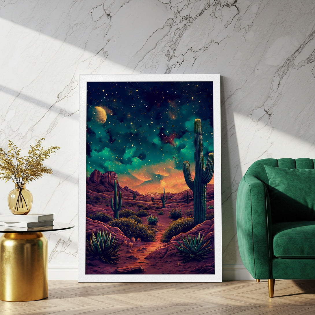 Framed Poster featuring a desert landscape with cacti, starry sky, and warm color palette. Perfect wall art for any space!