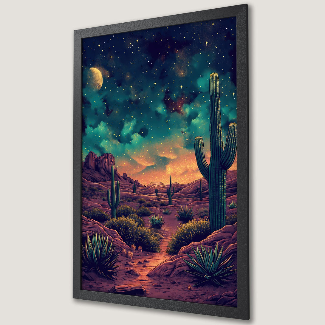 Framed Poster of a desert landscape under a starry night sky. Features cacti, warm tones, and a vibrant color palette.