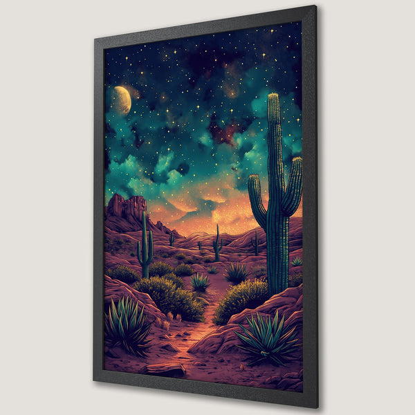 Framed Poster of a desert landscape under a starry night sky. Features cacti, warm tones, and a vibrant color palette.