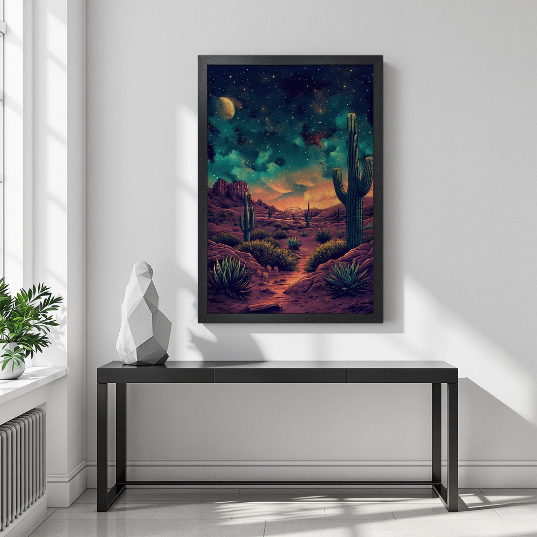 Framed Poster featuring a desert landscape with cacti under a starry sky. Rich teal, orange, and purple color palette. Add a touch of the desert to your home!