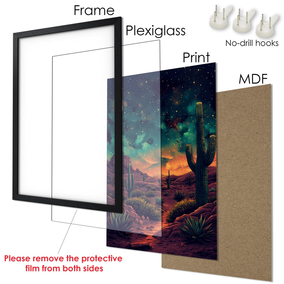 Framed Poster featuring a desert landscape with cacti, vibrant colors, and a starry sky. Perfect wall art for any room!