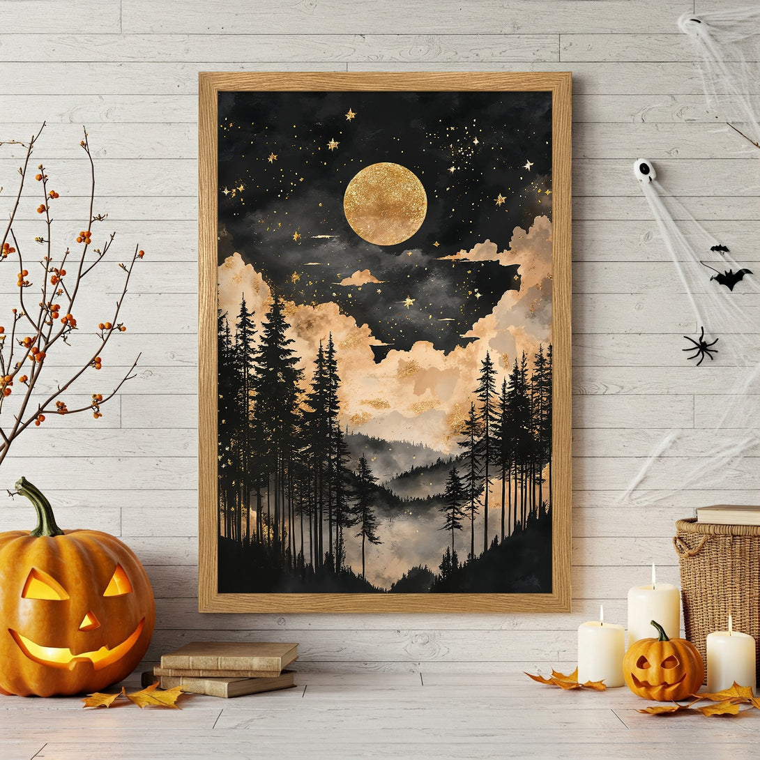 Framed Poster featuring a mystical night scene with a golden moon, forest, and stars. Black, gold, and beige color palette. Perfect Halloween decor.