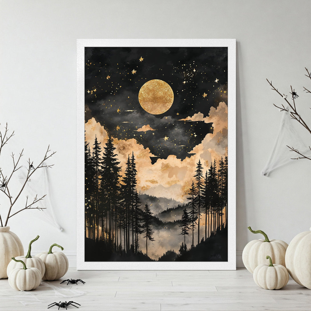 Framed Poster featuring a mystical forest scene with a golden moon, stars, and clouds. Dark, moody style with a gold and black color palette.