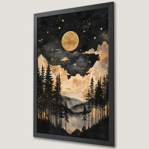 Framed Poster: Night forest art print with gold moon & stars. Black, gold, & tan color palette. Perfect wall decor for any room.