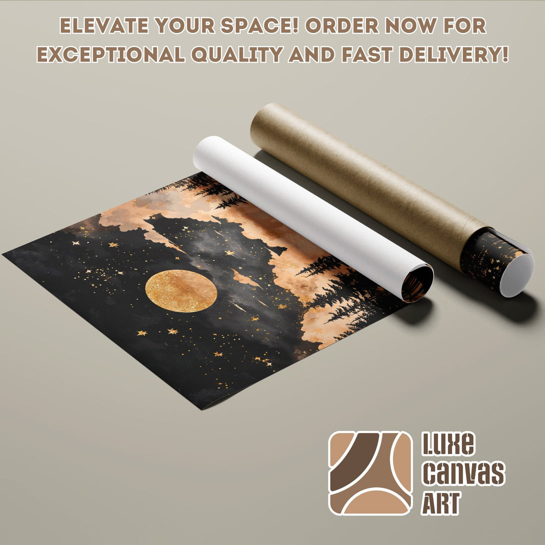 Poster Roll featuring a celestial design in black, gold, and brown tones. Elevate your space with this art!