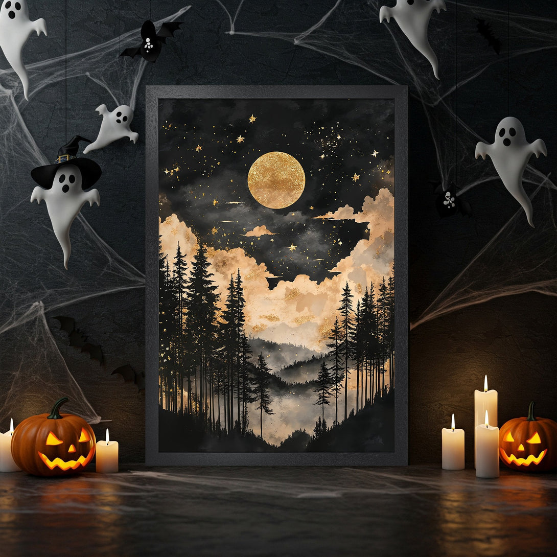 Framed Poster of a mystical forest scene with a golden moon. Dark, moody style with gold and black color palette. Perfect Halloween decor!