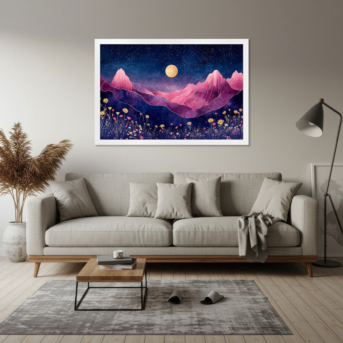 Framed Poster featuring a watercolor mountain landscape with a vibrant pink and blue color palette. Add this beautiful art to your home!
