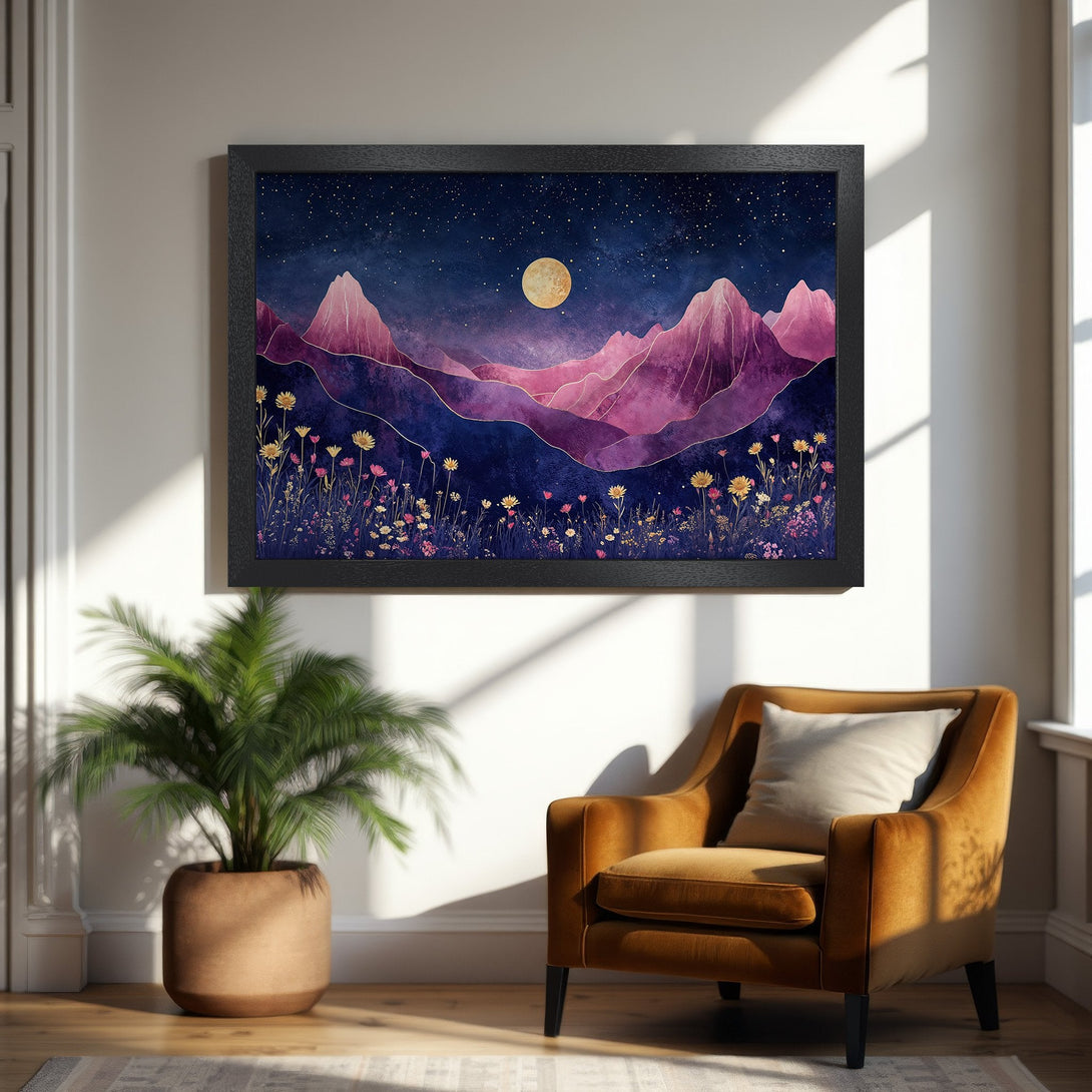 Framed Poster featuring a stylized mountain scene in purple and gold, perfect for adding a touch of art to your home.