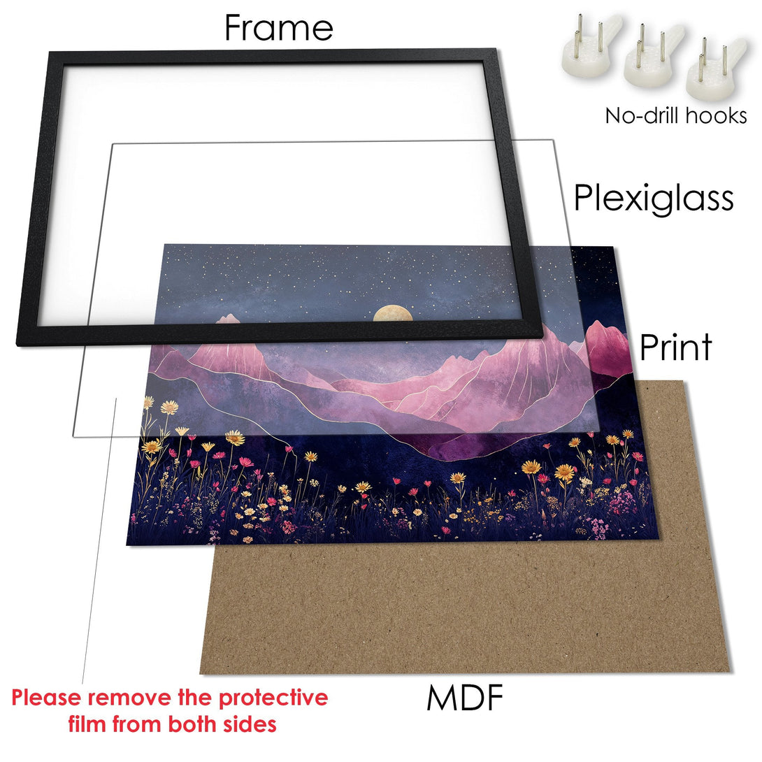 Framed Poster: Mountain landscape art print with a dark blue, pink & gold color palette. Perfect wall decor!