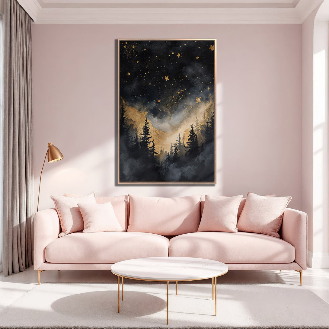Framed Wall Art featuring a celestial forest scene in black, gold, and gray tones. Perfect for adding a touch of elegance to any space.
