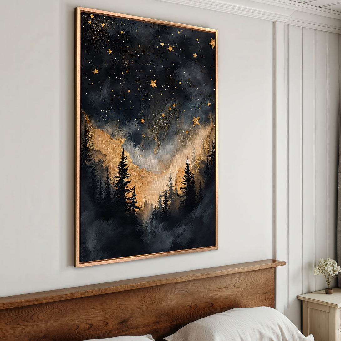 Framed Wall Art: Stunning night sky and forest scene in a gold and navy color palette. Add a touch of magic to your space with this beautiful canvas print.