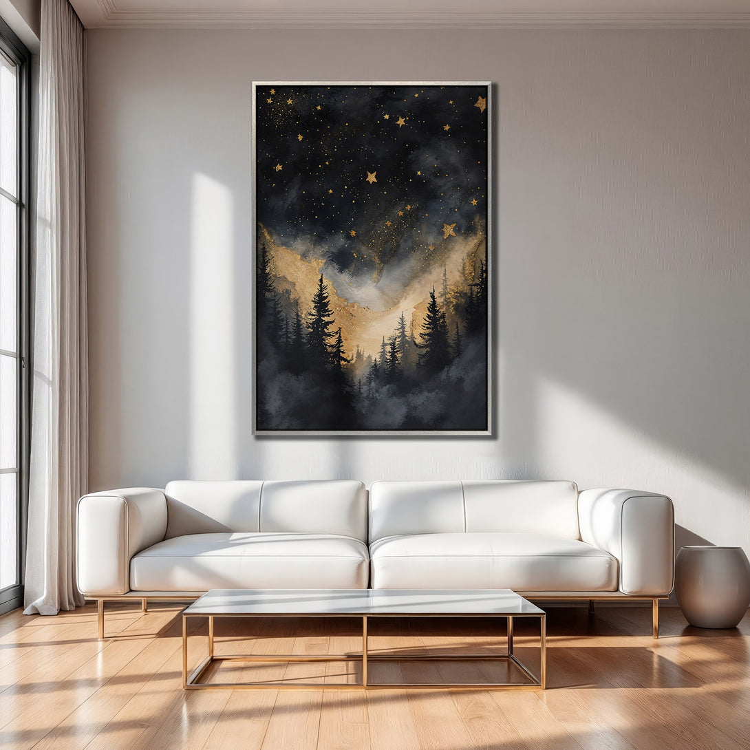 Framed Wall Art: Night sky & forest canvas print in gold, black, & gray. Modern art for living room decor. Shop now!