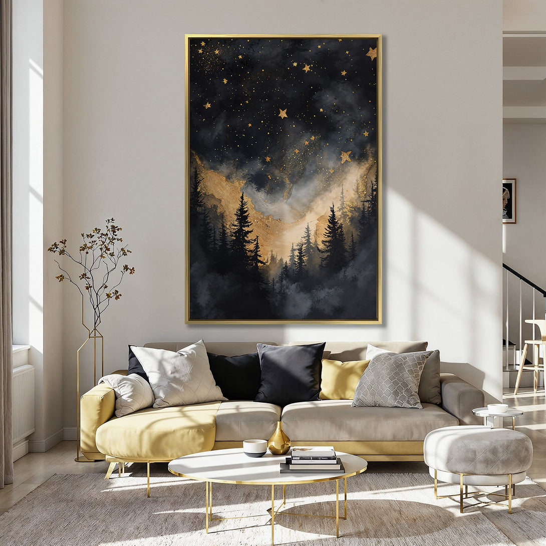 Canvas Print of a starry night forest scene in black, gold, and dark blue hues. Perfect wall art for a cozy, stylish space.