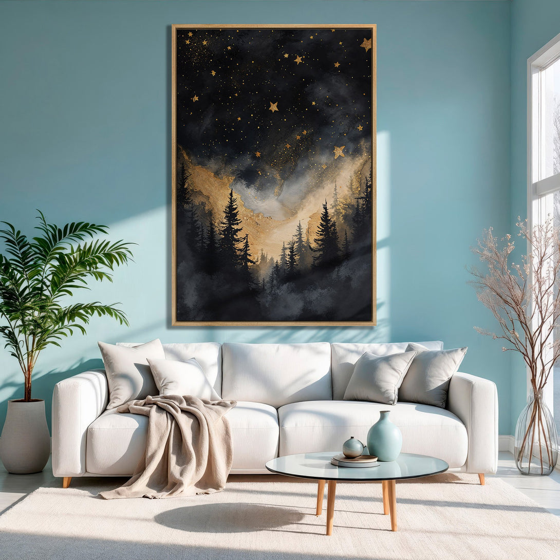 Framed Wall Art featuring a starry night forest scene in black, gold, and gray. Modern canvas print adds a touch of elegance to any space.