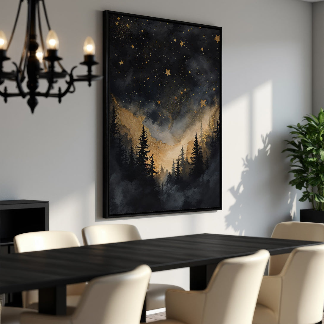 Framed Wall Art featuring a starry night forest scene in a moody, watercolor style. Dark blues, blacks, and gold tones create a luxurious aesthetic.