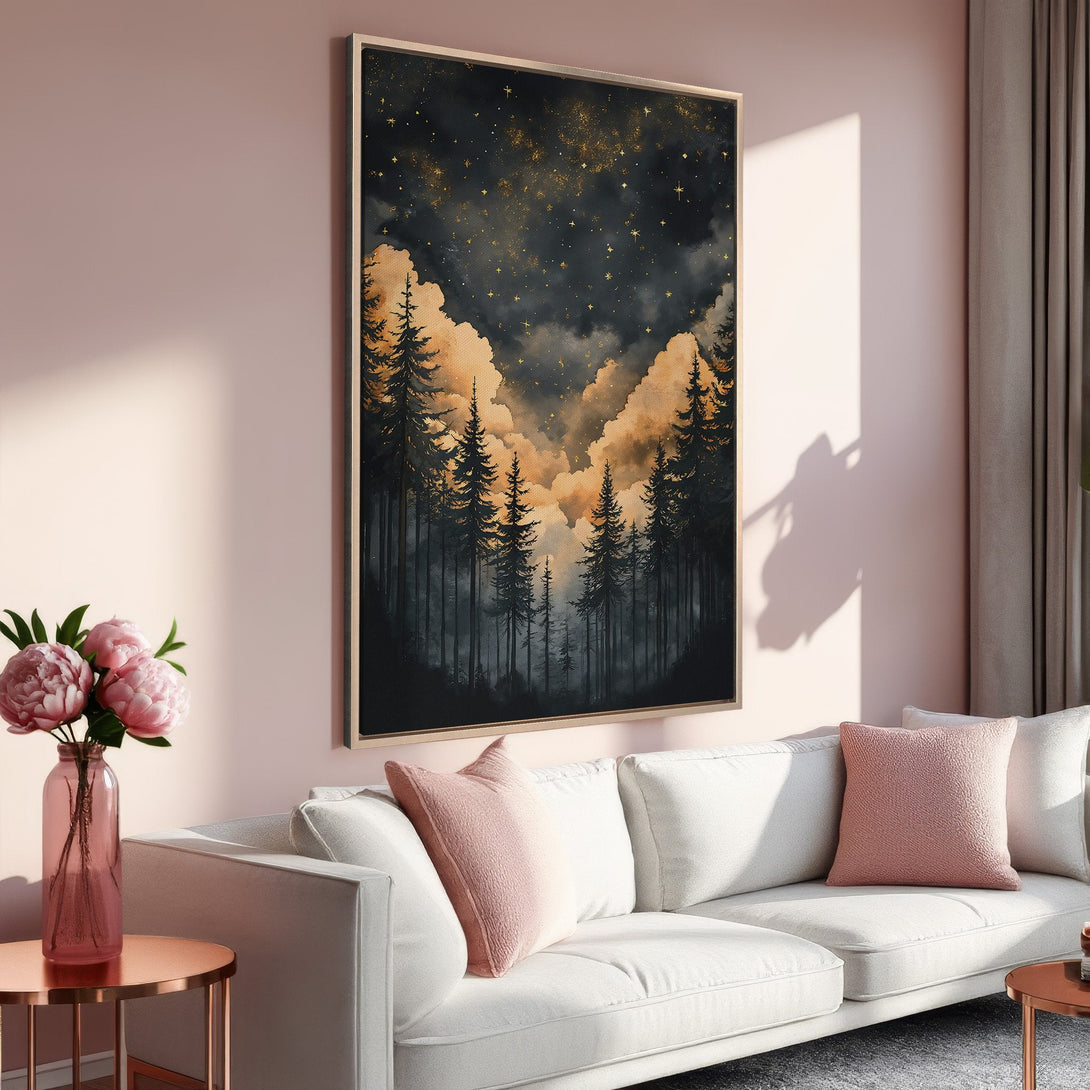 Framed Wall Art featuring a forest scene with a starry sky, in a watercolor style. Warm gold and dark blue color palette. Perfect for home decor.