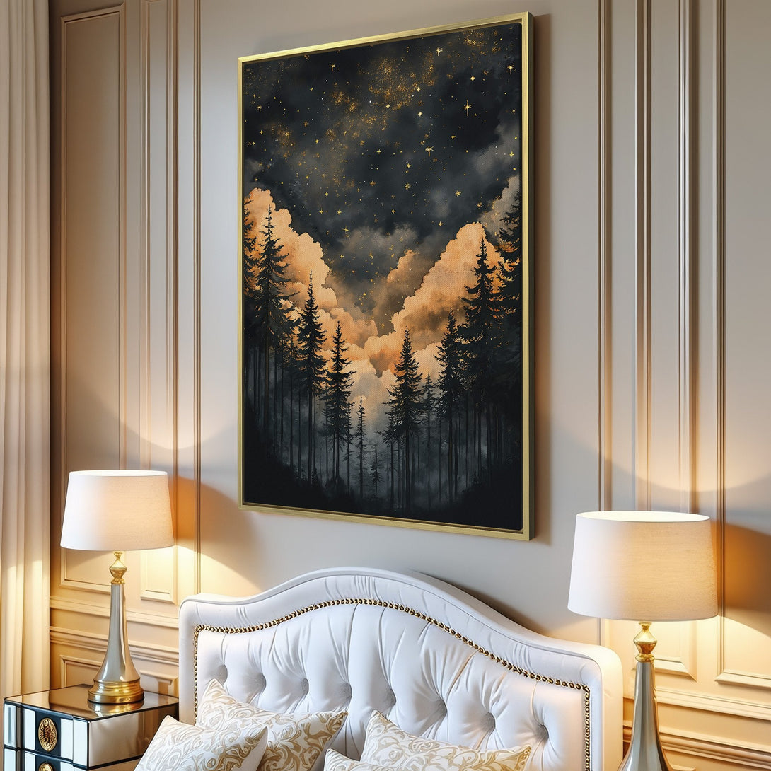 Canvas Print of a dreamy forest scene with a starry sky. Features a moody, watercolor-style art piece in a dark, gold, and neutral color palette.