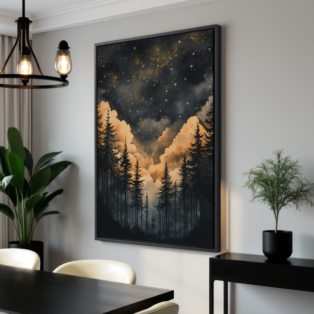 Framed Wall Art featuring a dreamy forest scene with a dark, moody palette. Add a touch of nature-inspired art to your home with this stunning Canvas Print.