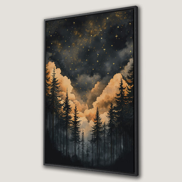 Framed Wall Art: Watercolor forest scene with starry night sky. Moody art in black, gold, and orange. Perfect wall decor for a calming aesthetic.