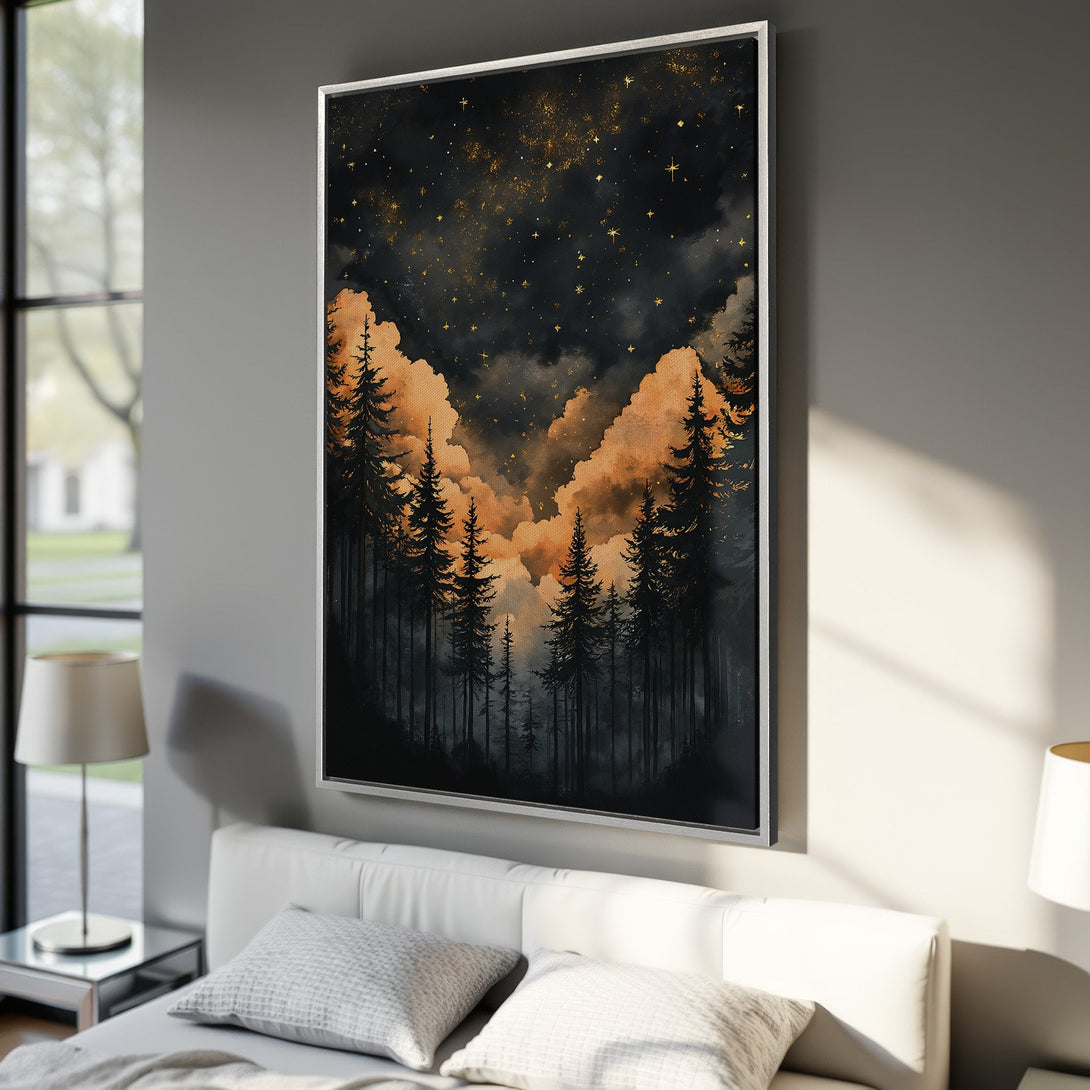 Framed Wall Art: Forest landscape Canvas Print with dark, moody tones. Featuring a watercolor style with black, gold, and orange hues. Perfect for modern home decor.