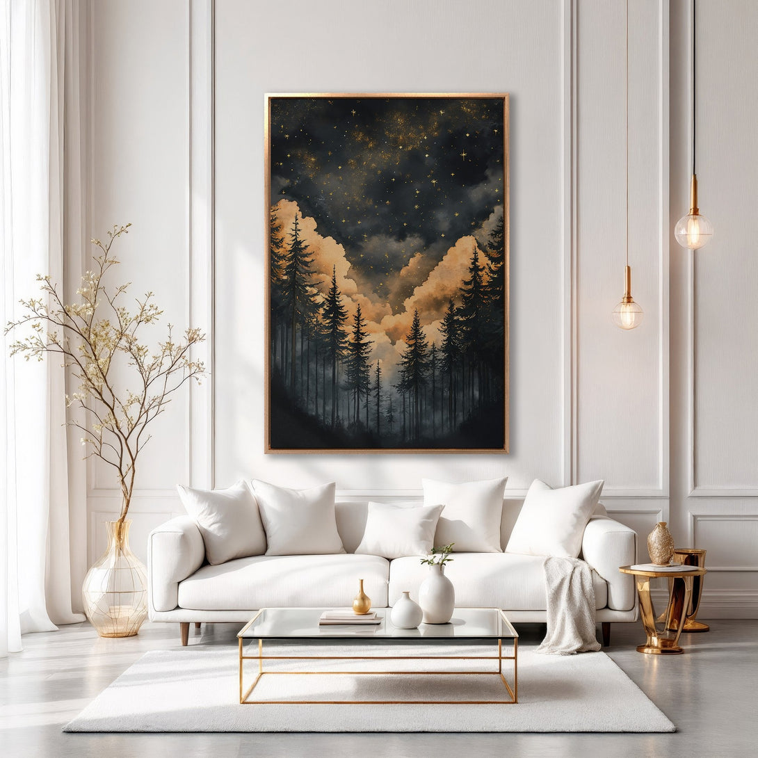 Framed Wall Art: Forest landscape Canvas Print in warm tones. Watercolor style artwork with gold accents, perfect for modern home decor.