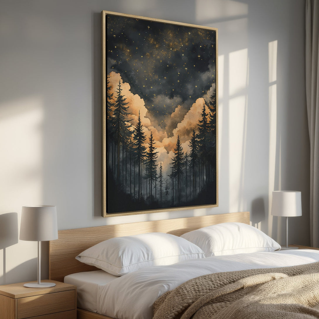 Framed Wall Art: Serene forest scene Canvas Print in moody tones. Enhance your space with this stunning landscape art featuring a warm gold and dark color palette.