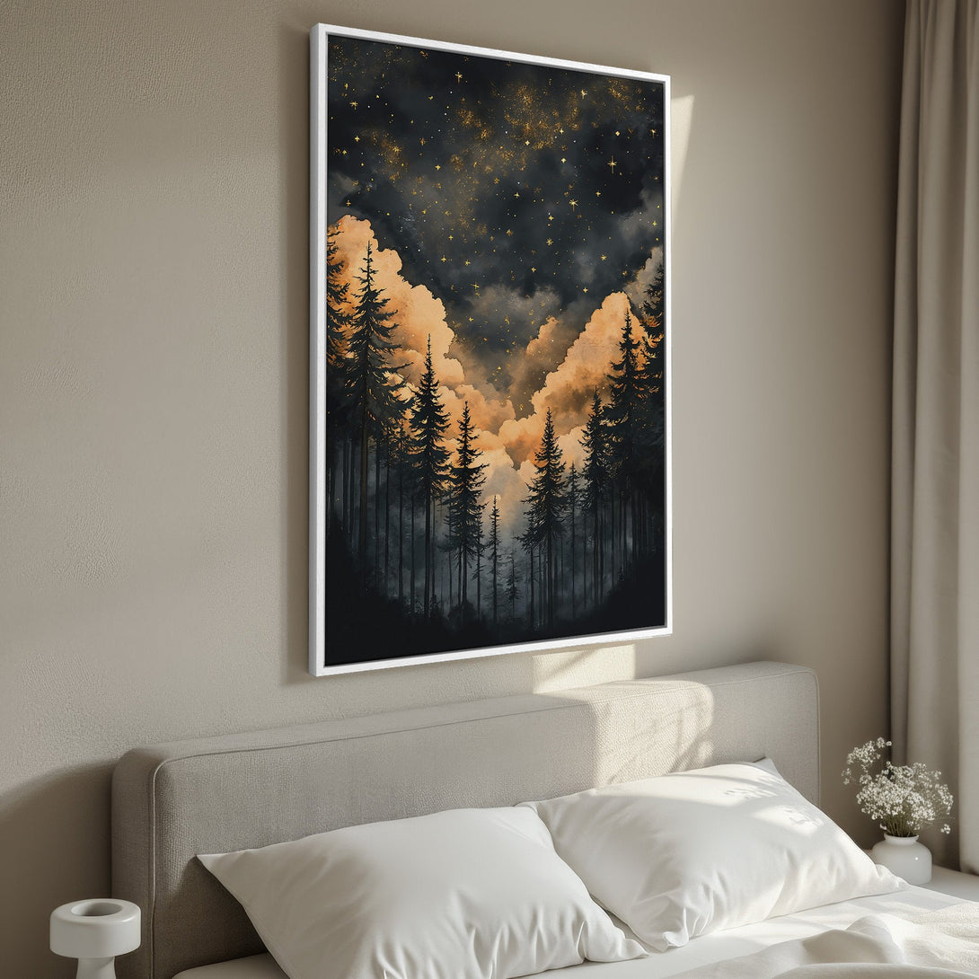 Framed Wall Art: Moody forest scene with dark trees, golden clouds, and starry sky. Perfect for bedroom decor. Warm color palette.