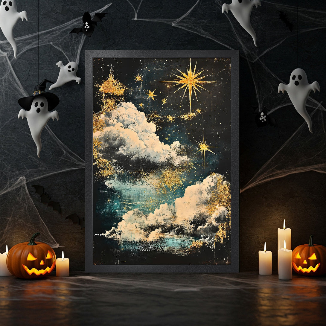 Framed Poster featuring a dreamy night sky with gold accents. A beautiful abstract art print in a dark, moody color palette, perfect for Halloween decor.