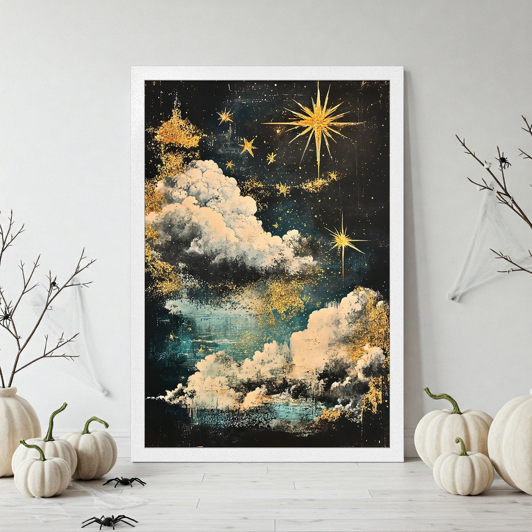 Framed Poster featuring a celestial night sky with gold accents. Modern art style, dark blue, gold, and cream color palette. Perfect wall decor!
