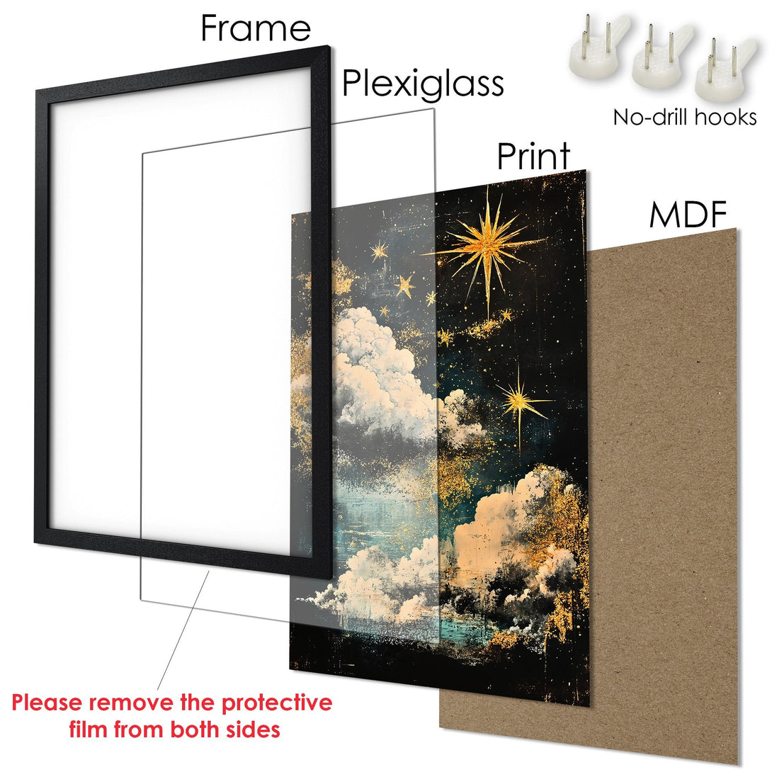 Framed Poster featuring a celestial design with stars and clouds, in a dark, gold, and blue color palette.
